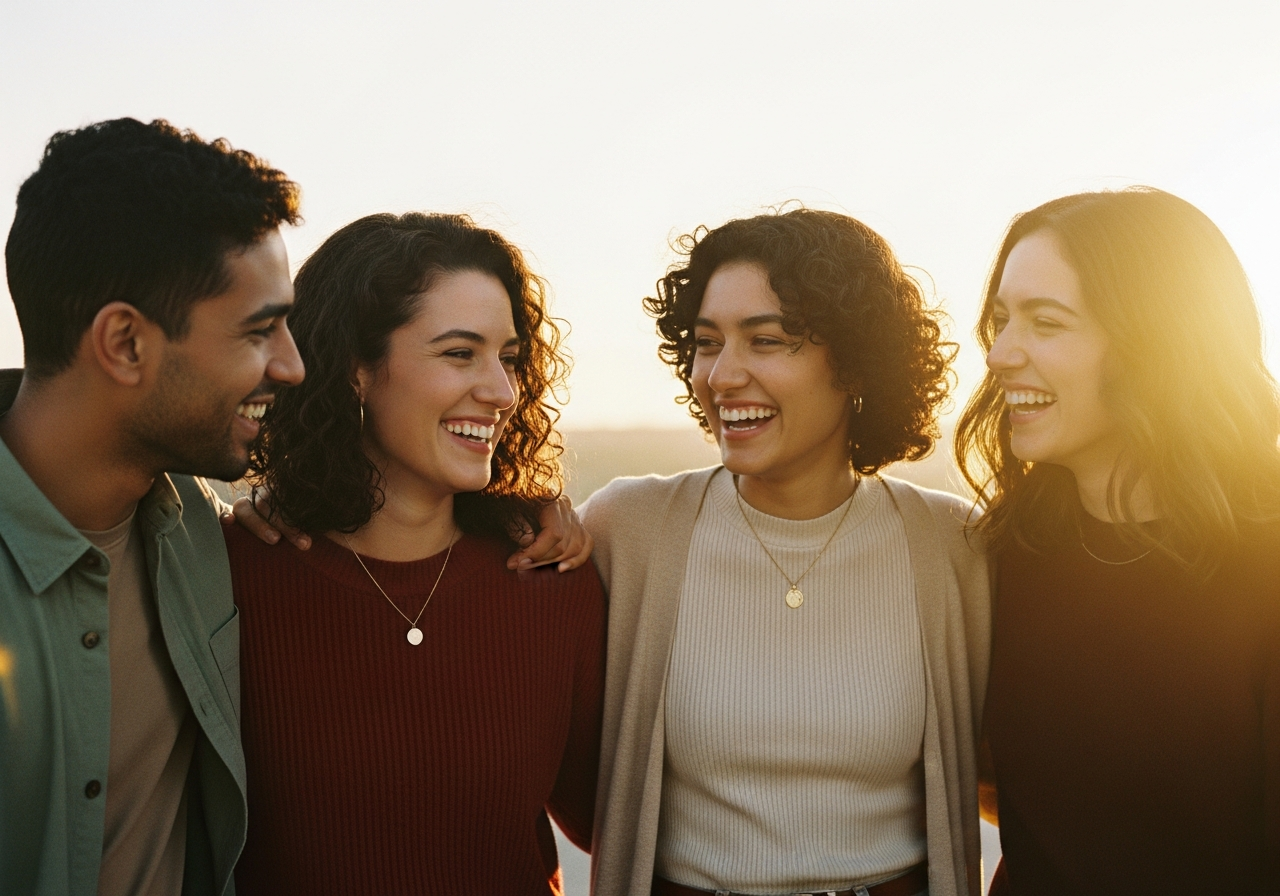 Three women laughing together at a sunlit cafe