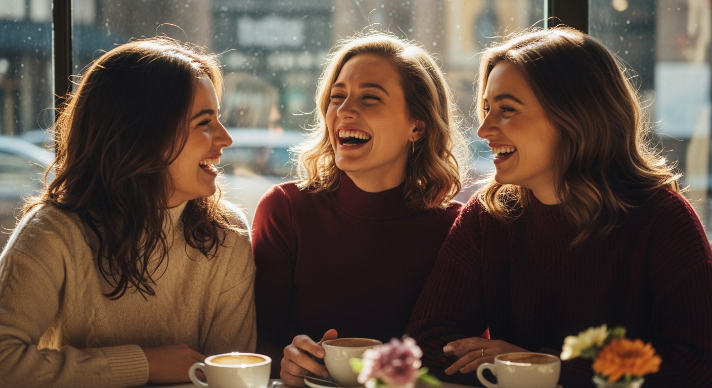 A group of friends laughing together at golden hour