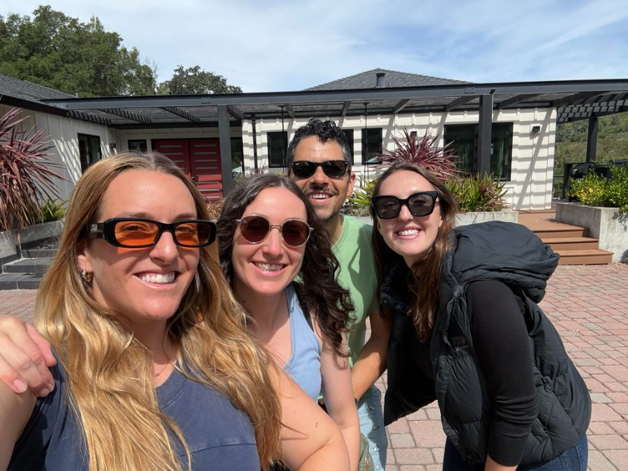 Four friends taking a sunny selfie